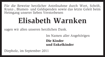 Todesanzeige von Elisabeth Warnken von KREISZEITUNG SYKE