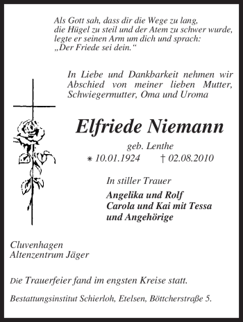 Todesanzeige von Elfriede Niemann von KREISZEITUNG SYKE