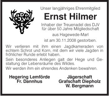 Todesanzeige von Ernst Hilmer von KREISZEITUNG SYKE