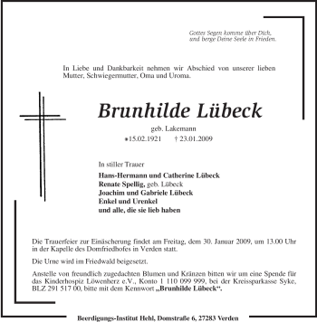 Todesanzeige von Brunhilde Lübeck von KREISZEITUNG SYKE