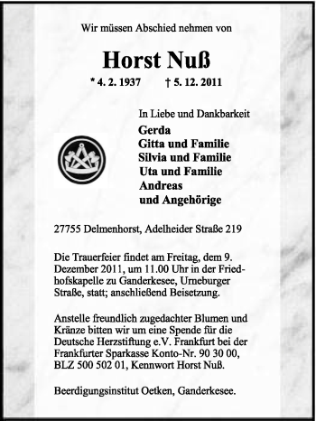 Todesanzeige von Horst Nuß von KREISZEITUNG SYKE