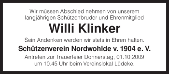 Todesanzeige von Willi Klinker von KREISZEITUNG SYKE