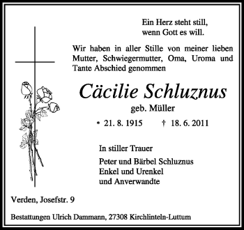 Todesanzeige von Cäcilie Schluznus von KREISZEITUNG SYKE