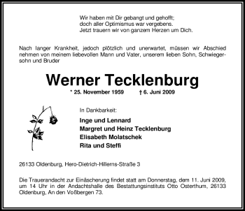 Todesanzeige von Werner Tecklenburg 