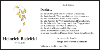 Todesanzeige von Heinrich Bielefeld von KREISZEITUNG SYKE