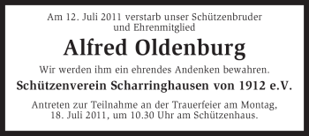 Todesanzeige von Alfred Oldenburg von KREISZEITUNG SYKE