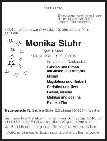 Todesanzeige von Monika Stuhr von KREISZEITUNG SYKE