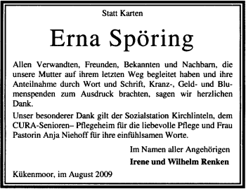 Todesanzeige von Erna Spöring von KREISZEITUNG SYKE