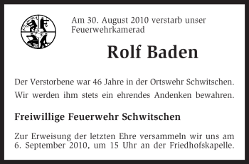 Todesanzeige von Rolf Baden von KREISZEITUNG SYKE