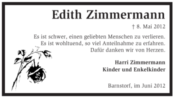 Todesanzeige von Edith Zimmermann von KREISZEITUNG SYKE