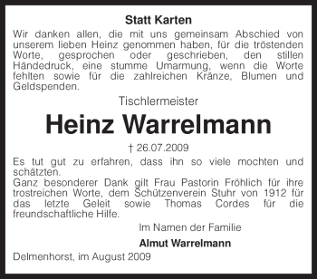 Todesanzeige von Heinz Warrelmann von KREISZEITUNG SYKE