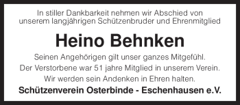 Todesanzeige von Heino Behnken von KREISZEITUNG SYKE