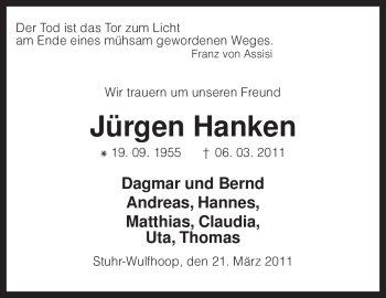 Todesanzeige von Jürgen Hanken von KREISZEITUNG SYKE