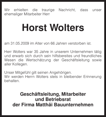 Todesanzeige von Horst Wolters von KREISZEITUNG SYKE