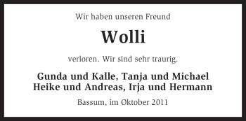 Todesanzeige von Wolli Unbekannt von KREISZEITUNG SYKE