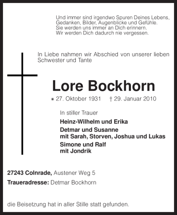 Todesanzeige von Lore Bockhorn von KREISZEITUNG SYKE