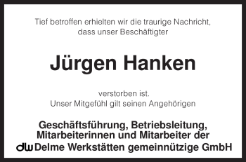 Todesanzeige von Jürgen Hanken von KREISZEITUNG SYKE