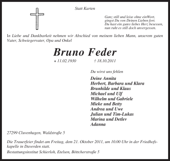 Todesanzeige von Bruno Feder von KREISZEITUNG SYKE