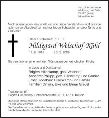 Todesanzeige von Hildegard Welschof-Kühl 