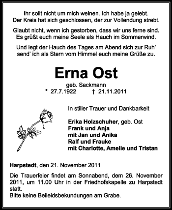 Todesanzeige von Erna Ost von KREISZEITUNG SYKE