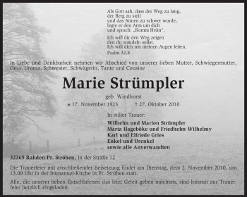 Todesanzeige von Marie Strümpler von KREISZEITUNG SYKE