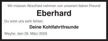 Todesanzeige von Eberhard Unbekannt von KREISZEITUNG SYKE