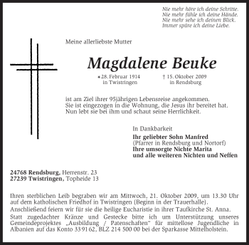 Todesanzeige von Magdalene Beuke von KREISZEITUNG SYKE