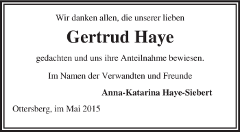 Todesanzeige von Gertrud Haye von KRZ
