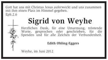 Todesanzeige von Sigrid von Weyhe von KREISZEITUNG SYKE