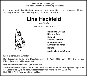 Todesanzeige von Lina Hackfeld von KRZ