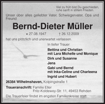 Todesanzeige von Bernd-Dieter Müller von KREISZEITUNG SYKE