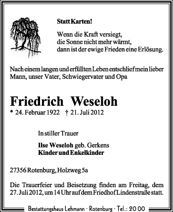 Todesanzeige von Friedrich Weseloh von KREISZEITUNG SYKE