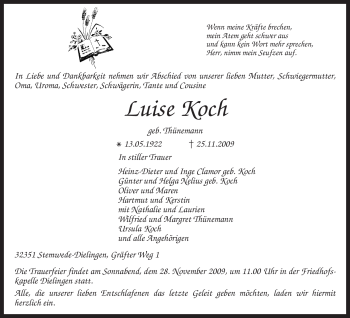 Todesanzeige von Luise Koch von KREISZEITUNG SYKE