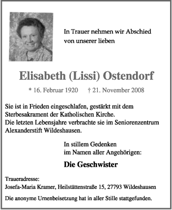 Todesanzeige von Elisabeth Ostendorf von KREISZEITUNG SYKE