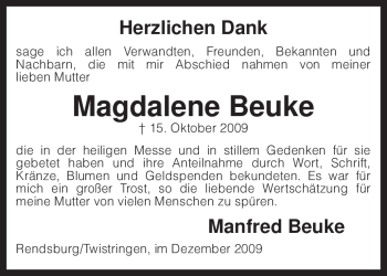 Todesanzeige von Magdalene Beuke von KREISZEITUNG SYKE