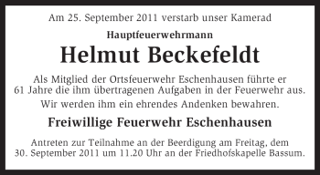 Todesanzeige von Helmut Beckefeldt von KREISZEITUNG SYKE