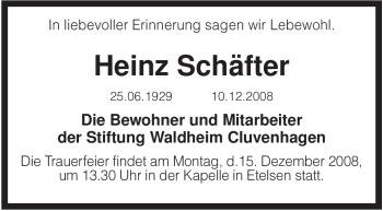 Todesanzeige von Heinz Schäfter von KREISZEITUNG SYKE
