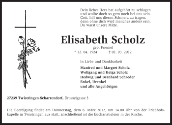 Todesanzeige von Elisabeth Scholz von KREISZEITUNG SYKE
