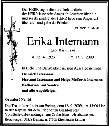 Todesanzeige von Erika Intemann von KREISZEITUNG SYKE