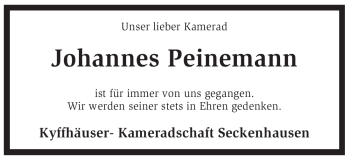 Todesanzeige von Johannes Peinemann von KREISZEITUNG SYKE