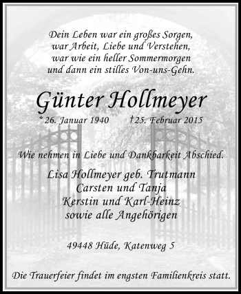Todesanzeige von Günter Hollmeyer von KRZ
