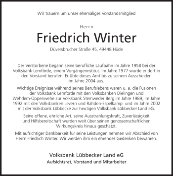 Todesanzeige von Friedrich Winter von KREISZEITUNG SYKE