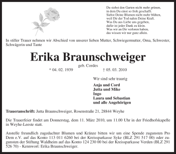 Todesanzeige von Erika Braunschweiger von KREISZEITUNG SYKE