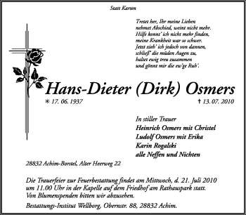 Todesanzeige von Hans-Dieter Osmers von KREISZEITUNG SYKE