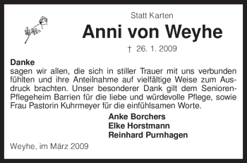 Todesanzeige von Anni von Weyhe von KREISZEITUNG SYKE