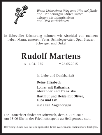 Todesanzeige von Rudolf Martens von KRZ