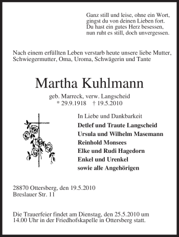 Todesanzeige von Martha Kuhlmann von KREISZEITUNG SYKE