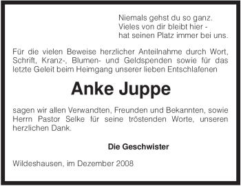 Todesanzeige von Anke Juppe von KREISZEITUNG SYKE