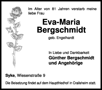 Todesanzeige von Eva-Maria Bergschmidt von KREISZEITUNG SYKE