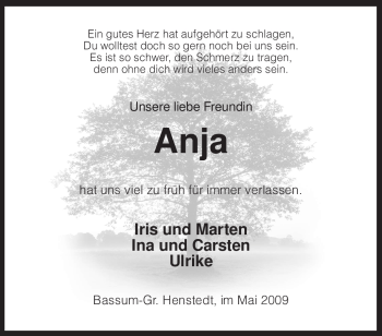 Todesanzeige von Anja Unbekannt von KREISZEITUNG SYKE